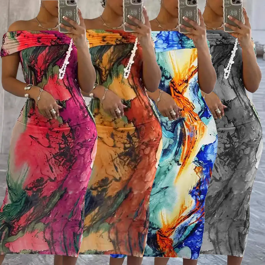 Off Shoulder Sexy Black Woman Dress Stretchy Hip Wrap Bodycon Dresses For Ladies Tie Dyed Print Midi Summer Women Sundresses