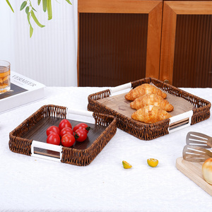 Plateau de service en <span class=keywords><strong>rotin</strong></span> à fond en bois avec poignées, plateau alimentaire empilable en osier pour pain, fruits et cuisine rustique - Product Image 6