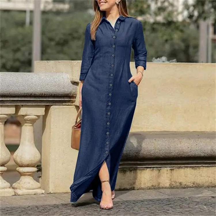 Elegante ed elegante abito da donna nuovo temperamento elegante moda a maniche lunghe con risvolto tinta unita in Denim abiti lunghi Streetwear