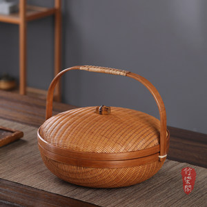 <b>Bamboo</b> Woven Basket Round With Lid Food Storage <b>Container</b> Kitchen Use - Product Image 1