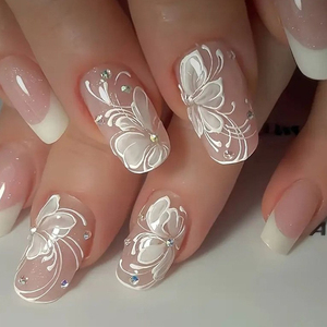 24 <span class=keywords><strong>faux</strong></span> ongles carrés à presser, rose nude, imprimé papillon blanc 3D, strass, réutilisables, en ABS, avec <span class=keywords><strong>colle</strong></span>, pour femmes, nail art de mariée - Product Image 5