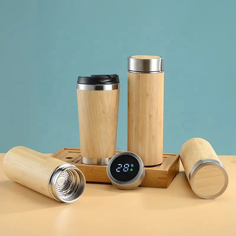 400ml/500ml Intelligent Temperature Display Stainless Steel Bamboo Water Bottle Thermo Cup Vacuum Flask Coffee Cup