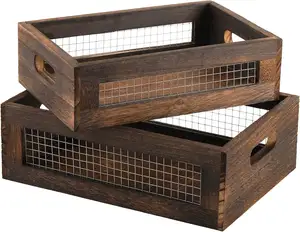 Set of 2 Rustic Nesting Boxes, Wooden Organizer Crates Basket, Small Decorative Wood Wire Containers with Handle for Countertop