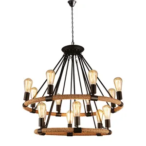 Industrial Vintage Henneptouw Hanglamp Zwart Smeedijzeren Hanglamp Kerk Hoge Plafonds Amerikaanse Stijl Metalen Kroonluchter