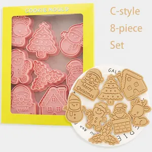 YJ Wonderful Custom 8 Pieces Christmas Cute Cookie Baking Cutters Plastic Cookie Cutters With Plunger Stamps Biscuit Mold