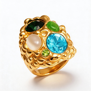 <span class=keywords><strong>Anillo</strong></span> de Lujo con Domo de Cristal Multicolor, Chapado en <span class=keywords><strong>Oro</strong></span> de <span class=keywords><strong>24K</strong></span>, Joyería Audaz, Anillos de Acero Inoxidable 316L para Mujer, Venta al Por Mayor - Product Image 1