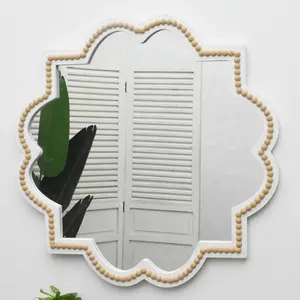 Custom Modern Farmhouse White Luxury Decorative Big Wood Bead Frame Flower Shape Round Hanging Wall Mirror Miroir Espejo Spiegel