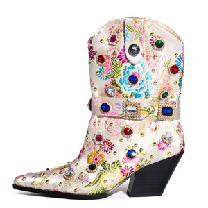 Women Colorful Diamonds Mid Calf Booties Pointy Toe High Wedge Heels Short <b>Boots</b> Slip-On Autumn Shoes - Product Image 3