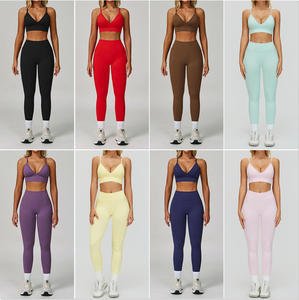ملابس رياضية نسائية، أطقم يوجا، ملابس رياضية عالية الخصر بدون خياطة للصالة الرياضية واللياقة البدنية، طقم رياضي من قطعتين سريع الجفاف من النايلون والسباندكس مع شعار مخصص - Product Image 3
