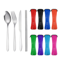 Ensemble de couverts portables en acier inoxydable 4 pièces, couteau, fourchette, cuillère, baguettes, ustensiles de voyage avec pochette en néoprène pour le camping