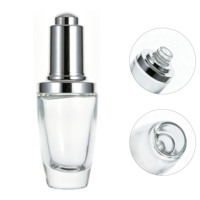 Flacon compte-gouttes rond en verre transparent de 30 ml avec bouchon pompe argenté, vide, pour sérum, huile essentielle, cosmétique, flacon en verre, logo personnalisé