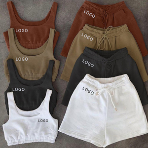 Femmes Jogging survêtement sans manches couleur unie Biker Shorts ensembles tricot côtelé deux pièces ensemble court femmes Shorts - Product Image 1