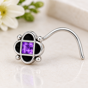 Indian Mores 925 Sterling <b>Silver</b> Purple Amethyst Square <b>Nose</b> Pin Cup Setting <b>Stud</b> Traditional Ethnic Jewelry for Women Girls - Product Image 1