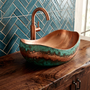 Handmade Copper Green Patina <b>Bathroom</b> Sink <b>Rustic</b> <b>Vanity</b> Basin Handcrafted Oxidized Copper Vessel Wash Basin Luxury Decorative - Product Image 1
