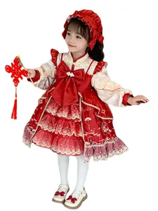 2023 Cô Gái Quần áo mùa đông Lót Lông Cừu Lolita phong cách phương Tây trẻ em năm mới lớn màu đỏ lễ hội