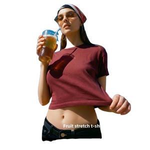 T-shirt personnalisé pour <span class=keywords><strong>femme</strong></span>, coupe ajustée, manches courtes, 220G coton/polyester, élastique, infroissable, couleur unie, streetwear, logo tricoté - Product Image 3