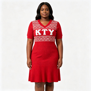 Robe pull midi en tricot jacquard <span class=keywords><strong>Fair</strong></span> Isle pour femme, col en V, manches courtes, ourlet plissé, avec broderie de logo personnalisée OEM - Product Image 1