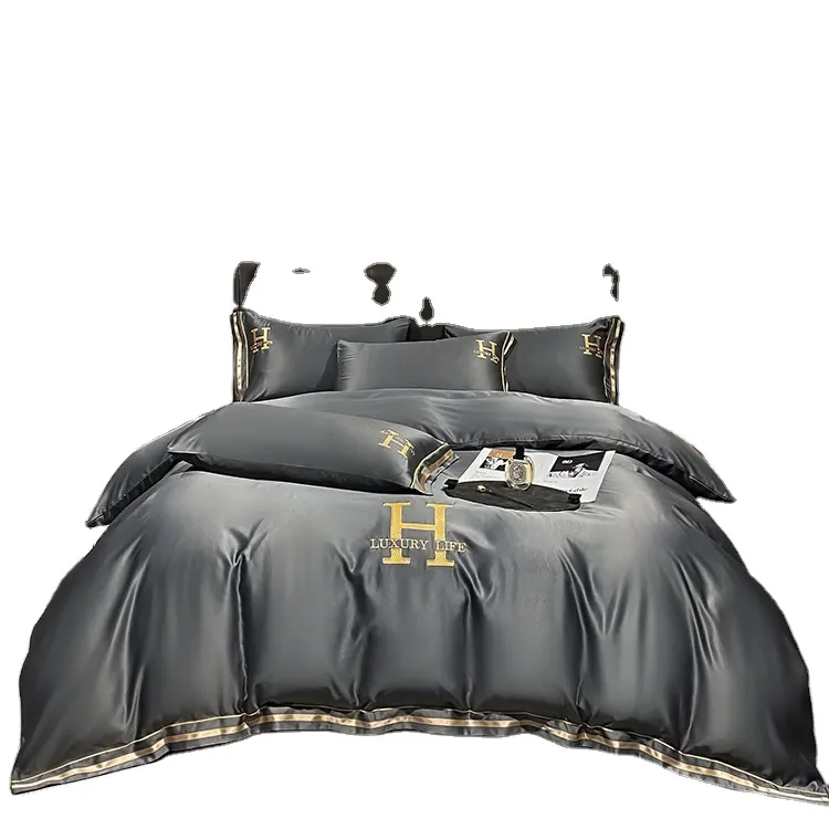 Customized Embroidered 4 Pce Satin Silk Soft Twin King Queen Size Bed Fitted Bed Sheet Set duvet cover set bedding