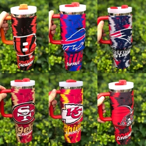 Nuevos Vasos Personalizados de Acero Inoxidable de 40 oz con Estampado de 32 Equipos de Fútbol Americano, Vasos Deportivos para el Día del Partido con Asa y Pajita - Product Image 3