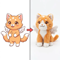 Peluche personnalisée de chat ailé fantastique avec motif à pois délicat sur le front, développée sur mesure selon le concept de dessin animé unique du client