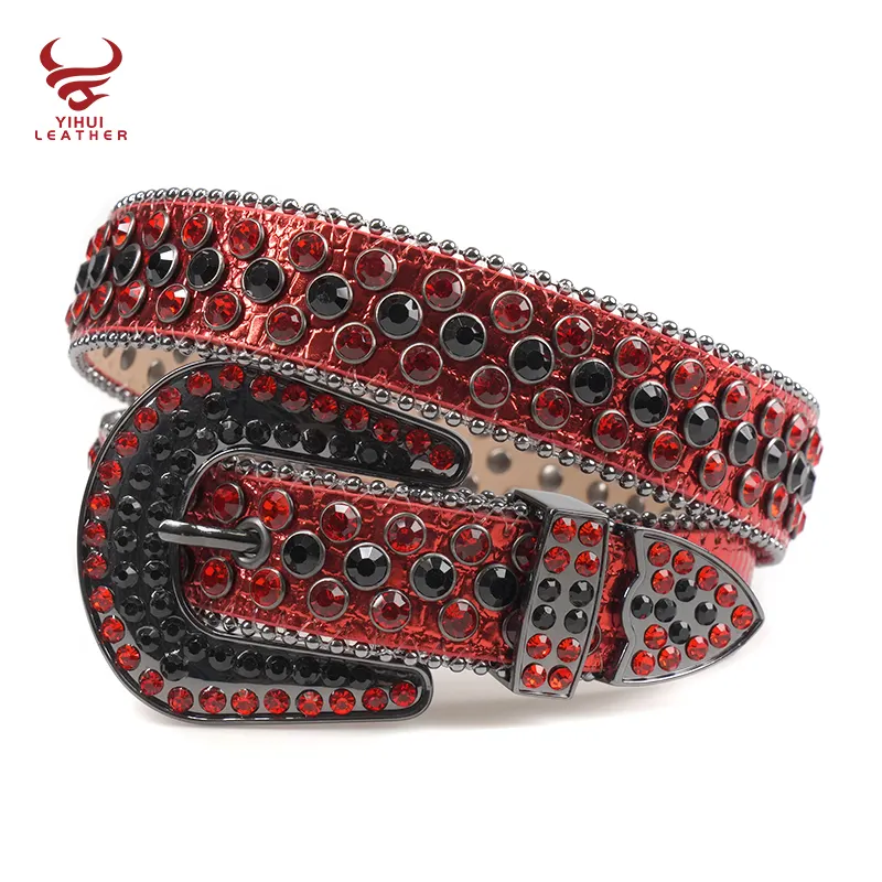 Ceinture en cuir pour enfants, personnalisable, pour petits garçons, à la mode, brillant et rouge avec strass, style occidental