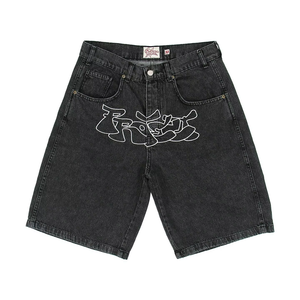Shorts baggy pour homme, tendance hip-hop, été 2023, de haute qualité, taille mi-haute, fermeture éclair, lavés, noirs, longueur genou, vintage, uni, grande taille - Product Image 1