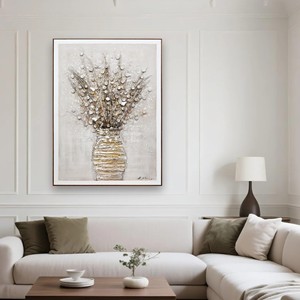 Quadro su tela con fiori testurizzati, decorazione da parete media per la casa, <span class=keywords><strong>vaso</strong></span> con fiori secchi e ornamenti circolari - Product Image 2