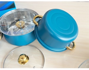 Set di <span class=keywords><strong>Pentole</strong></span> da Cucina in Acciaio Inox 10 Pezzi Blu con Manici Dorati per Commercio Estero - Product Image 5