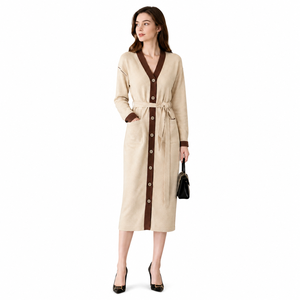 Vestido Cárdigan de Punto de Manga Larga Estilo Francés Retro para Mujer, Cuello en V, Cintura Natural, Vestido Largo Informal para Oficina - Product Image 1