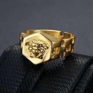Hexagon Gold Plated <b>Ring</b> With Lion Head Design Unisex Party Jewelry - Product Image 1