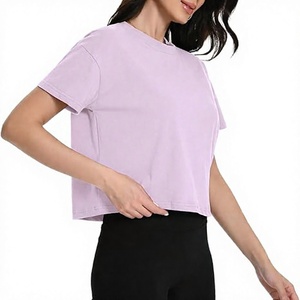 Sexy Women Lavender <b>Cropped</b> Workout T-Shirt Short Sleeve O-Neck Gym <b>Top</b> Solid Color Box Fit Style - Product Image 1