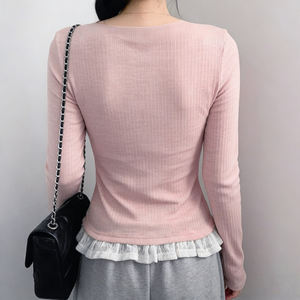 T-shirt en tricot à manches longues pour femme, style patchwork en dentelle à blocs de couleur, faux deux pièces, doux, décontracté, tendance, polyvalent - Product Image 6