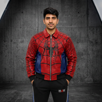 Blouson Bomber Homme MAW Spider-Man en PU, Motif Toile Rouge et Bleu, Fermeture Éclair, Col Rabattable, Style Décontracté Automne Streetwear