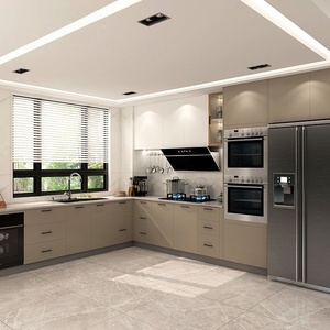 Armoires de <span class=keywords><strong>cuisine</strong></span> modernes en bois de pin beige, niche pour appareils électroménagers intégrés, portes en contreplaqué écologiques, bordure laser HOMAG, certifiées ENF, RTA - Product Image 1