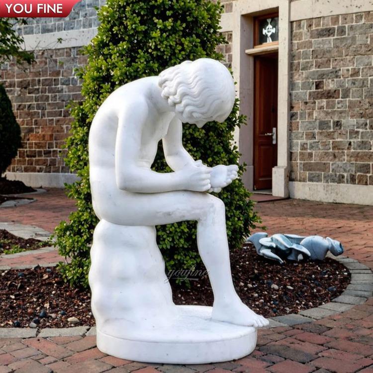 自然石製マーブル少年像 足から棘を引き抜く彫刻 150cm