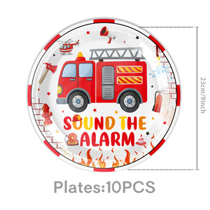 Nouveau dessin animé <span class=keywords><strong>aquarelle</strong></span> rouge camion de pompiers thème fête d'anniversaire pour enfants vaisselle assiette en papier tasse en papier drapeau tirant nappe - Product Image 4