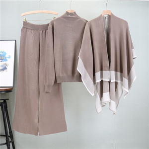 Ensemble de chandail tricoté pour femme avec châle et pantalon large, tenue trois pièces, mode printemps automne, vêtements décontractés - Product Image 1