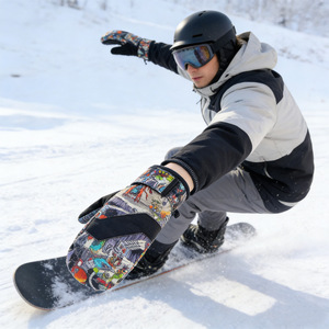 Gant de ski imperméable et coupe-vent à imprimé graffiti, avec doigts séparés, paume antidérapante, isolé thermiquement, sangle de poignet réglable, pour l'hiver - Product Image 3
