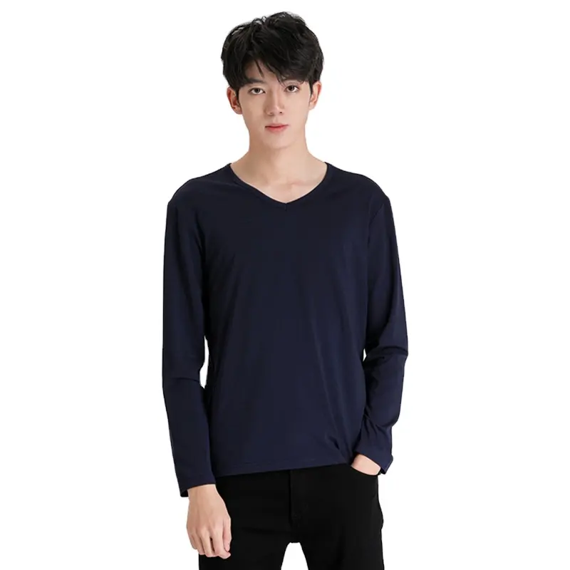 New Design Men's V-neck Cotton Long Sleeve Loose Base Shirt