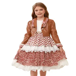 Girls' Dress 2023 New Long Sleeve Leather Coat Spring/Autumn Children's Dress Pleated Skirt Cake Skirt