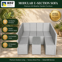 Ensemble de canapé modulaire d'extérieur en rotin PE gris argenté en forme de U avec table basse