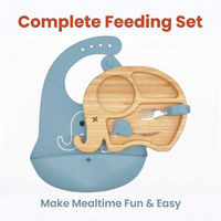 Ensemble d'assiettes divisées en bambou en forme d'éléphant pour tout-petits avec cuillère et fourchette, base d'aspiration en silicone, bavoir d'alimentation en silicone assorti pour enfants