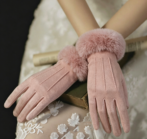 In Stock Wholesale Winter Warm <b>Gloves</b> Solid Color <b>Fur</b> Cuff Touch Screen Anti-slip Breathable Women Cycling Driving Low MOQ - Product Image 1