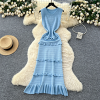 Robe longue décontractée en maille à volants étagés sans manches pour femme, élégante et douce, col rond, coupe trapèze, idéale pour le quotidien et les vacances