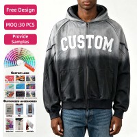 Sudadera con capucha y cremallera completa para hombre, 100% algodón, 380 g/m², lavada y desgastada, con estampado DTG, corte regular, cuello redondo y puños acanalados.