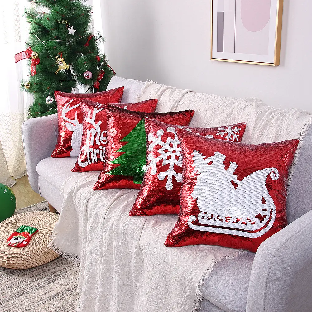 Home Decor Christmas Sequin Throw Pillow Covers Sparkle Decorative Pillowcases Party Christmas Magic Red Cushion Cover