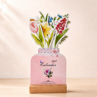 Calendrier de bureau 2027 en gros, motif chat irrégulier, base en bois, impression artistique florale, calendrier anglais, décoration de bureau à domicile, personnalisable