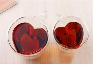 Taza de café en forma de corazón, vaso de doble capa de 250ML, en forma de corazón, vidrio aislado, resistente, con mango