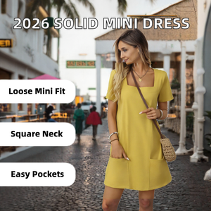 Robe courte jaune à col carré et manches courtes avec poches, coupe trapèze décontractée, couleur unie, pour femme, idéale pour l'été - Product Image 2