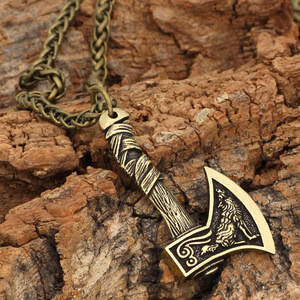 Accesorios de Moda, Collar con Colgante de Hacha Vikinga Celta Vintage con Lobo y Cuervo, Collar de Aleación de Zinc con Hacha Vikinga para Hombre - Product Image 2